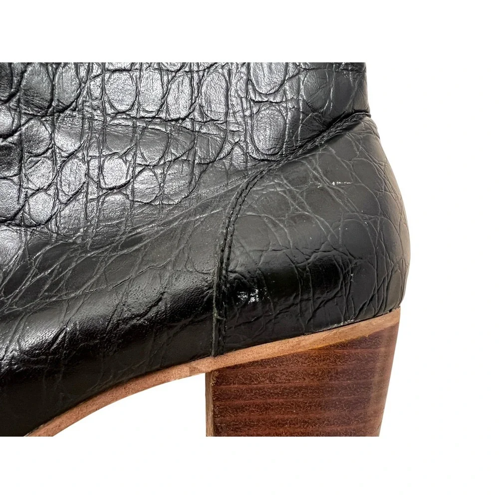 Yellow Shoes Ankle Boots Women 10 Black Good‎ Croc Embossed Front Zip Block Heel
